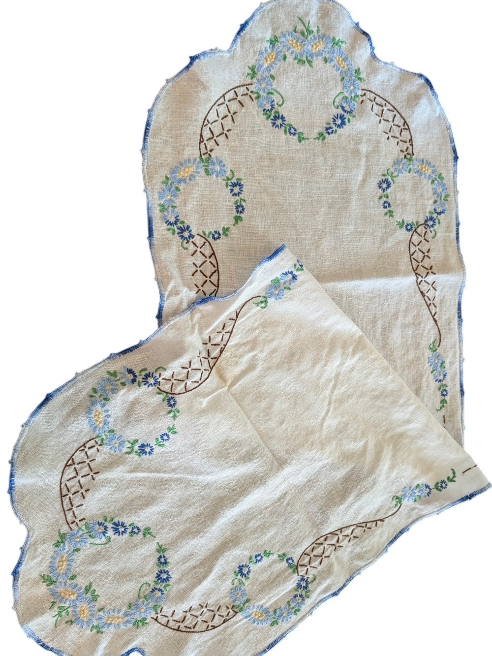 Hand-Embroidered Floral Linen Table Runner in Cream and Blue